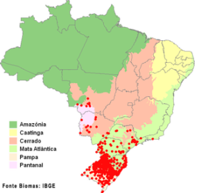 Mapa de ocorrência do cardeal (Paroaria Coronata)